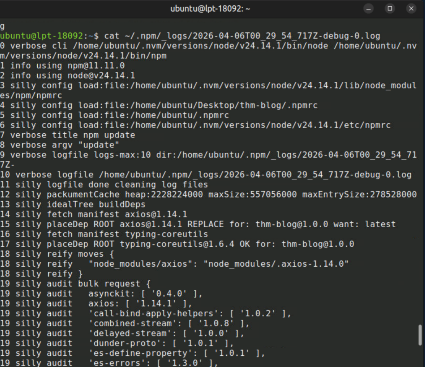 npm debug log line 22 — plain-crypto-js postinstall fired